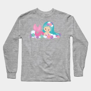 Cute Mermaid, Little Mermaid, Flowers, Blue Hair Long Sleeve T-Shirt